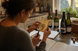 Woman studying wine label with magnifying glass at cluttered kitchen counter, surrounded by notes and a glass of red wine