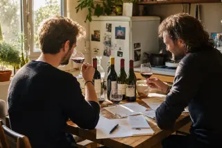 Two friends in a sunlit kitchen, tasting and discussing different red wines around a wooden table with open bottles and handwritten notes.