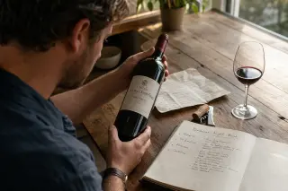 Man reading a wine label at a sunny kitchen table, surrounded by notes and a glass of wine