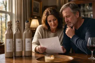 Couple reviewing handwritten wine notes and distinctively wrapped bottles at a wooden table in a warmly lit living room, sharing a thoughtful moment.