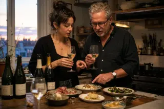 Two people in a cozy home kitchen at dusk tasting appetizers and sparkling wine together, focused on their interaction and the variety of food and drink on the counter.