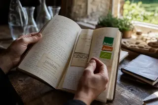 Hands leafing through a notebook with wine notes and diverse labels at a sunlit rustic table, surrounded by hints of herbs and glassware.