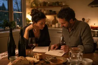 Couple comparing handwritten wine tasting notes at a kitchen table with open bottles, casual glassware and bread, in warm evening light.