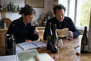 Two people at a wooden kitchen table with wine, notes, and sunlight through a window, engaged in quiet wine discovery.