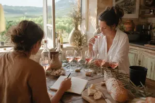 Two people in a rustic kitchen tasting rosé wine near an open window, one writing notes, morning light creating a warm, inviting atmosphere.