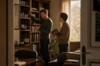 Two people standing by a living room wine shelf, one sharing advice as natural light filters through a window, atmosphere warm and inviting.