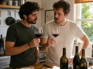 Two friends in a bright home kitchen attentively comparing glasses of red wine, with natural light streaming through a window and open bottles on a wooden counter.