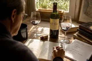 Wine enthusiast at home, reviewing tasting notes and a 2020 Bordeaux by a sunlit window, two half-filled glasses on a rustic desk, creating an intimate, authentic atmosphere.