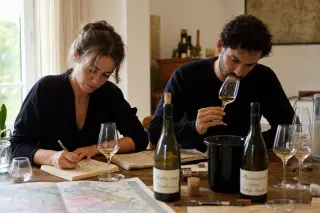 Two sommeliers at a wooden table in a sunlit home, focused on tasting and taking notes, with wine glasses and bottles visible among casual notes and tools.